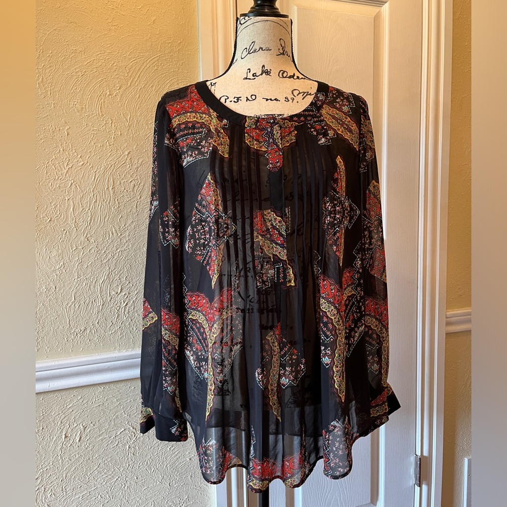 Daniel Rainn Split Neck Long Sleeve Sheer Tunic Blouse Black Scarf Print Size M